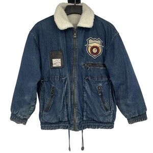 Vtg 90s 80s Bomber Denim Sherpa Grunge Distressed Aviator USA C'est La Vie Heavy